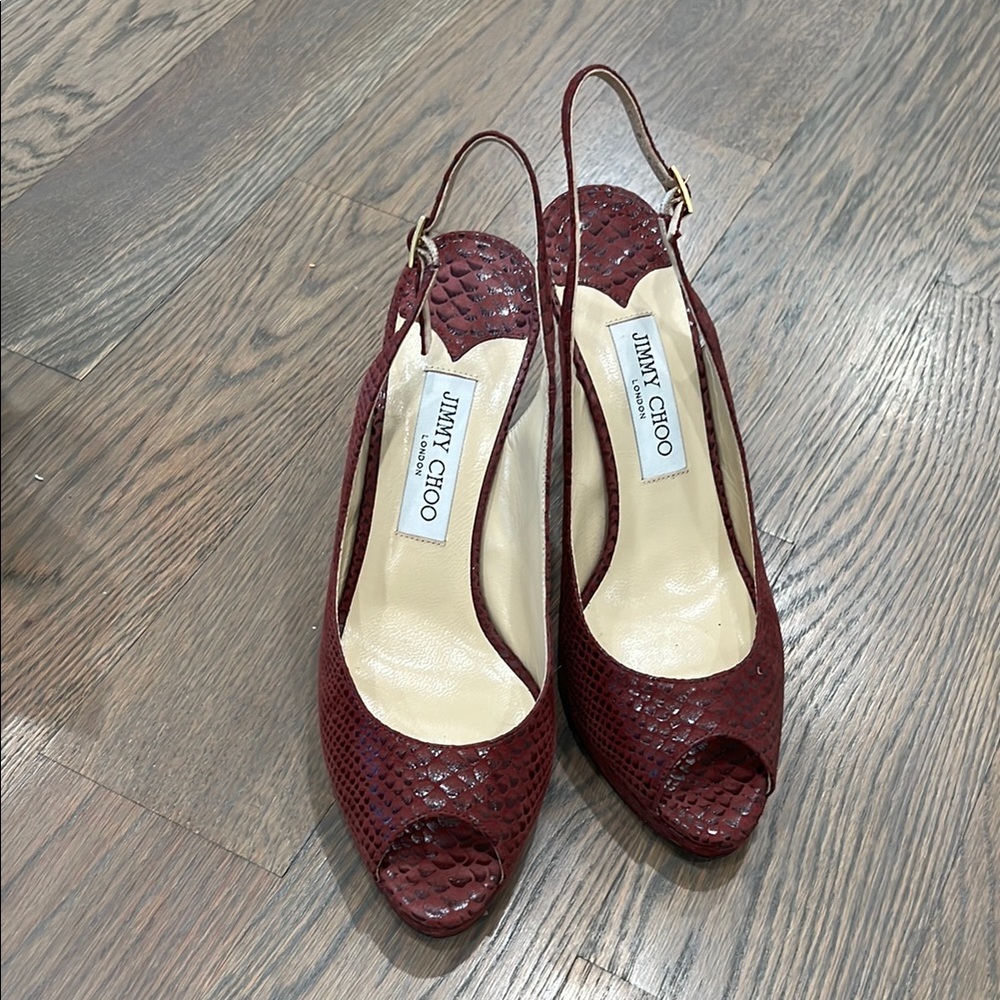 Jimmy Choo Burgundy Peep Toe Slingback Heels